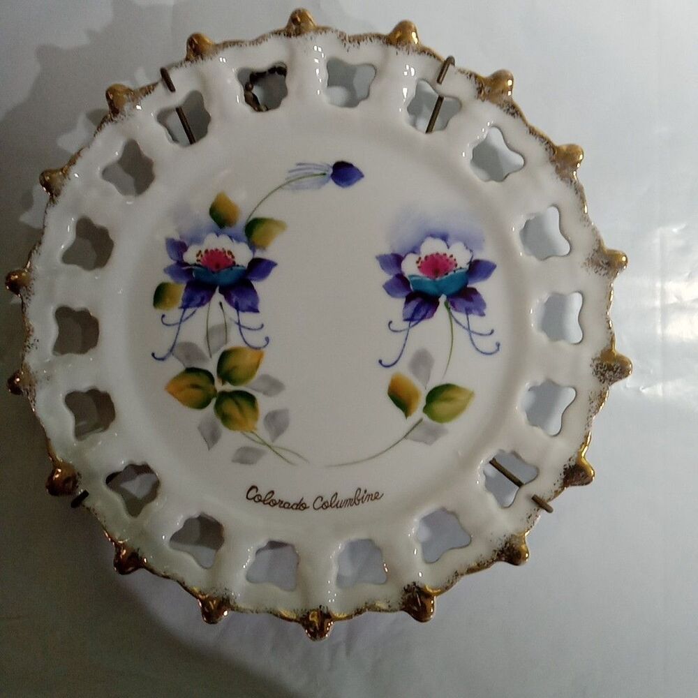Colorado Columbine Plate Fleur De Lis Pierced Lattice Edge Purple Flowers VTG
